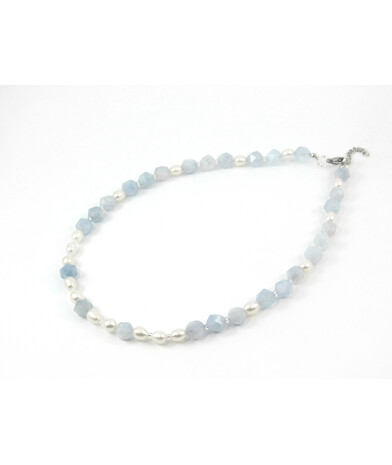 Exclusive necklace "Rima" Aquamarine faceted, Pearls rice