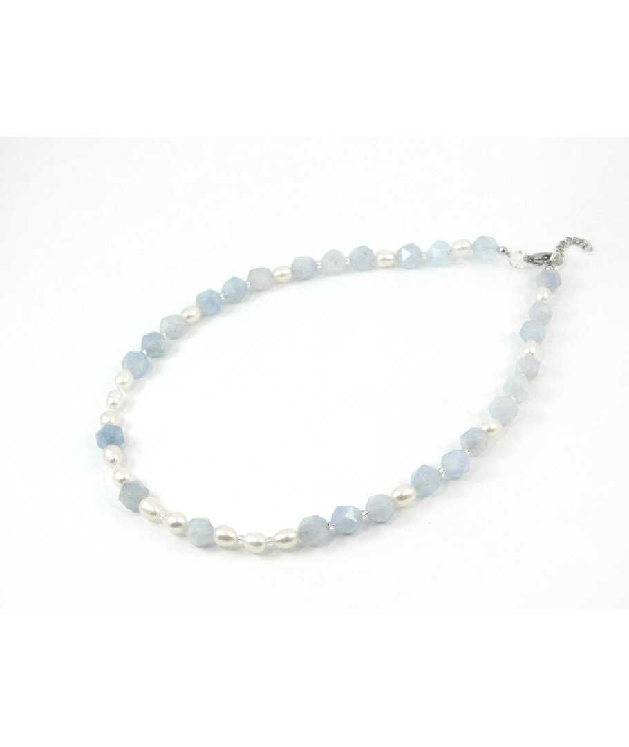 Exclusive necklace "Rima" Aquamarine faceted, Pearls rice