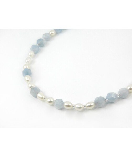 Exclusive necklace "Rima" Aquamarine faceted, Pearls rice