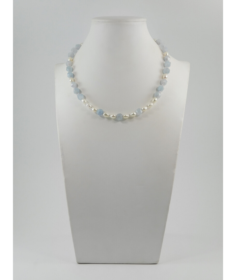 Exclusive necklace "Rima" Aquamarine faceted, Pearls rice