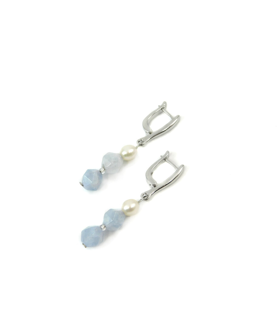 Exclusive earrings "Rima" faceted aquamarine, rice pearls