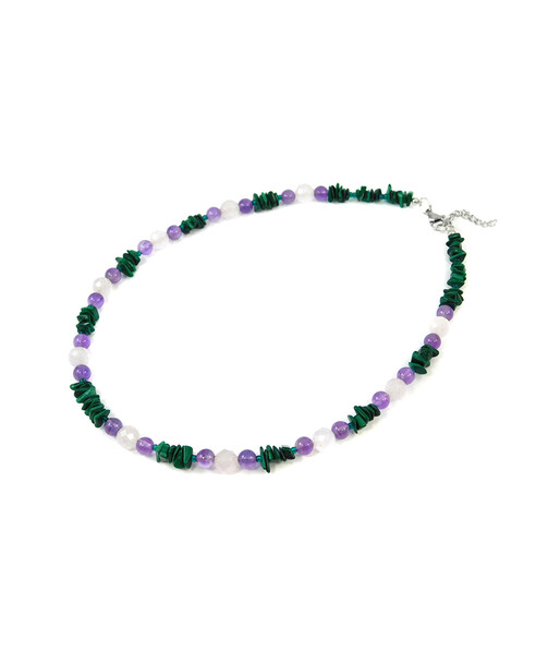 Exclusive necklace "Isis" Amethyst, Rose quartz facet, Malachite crumb