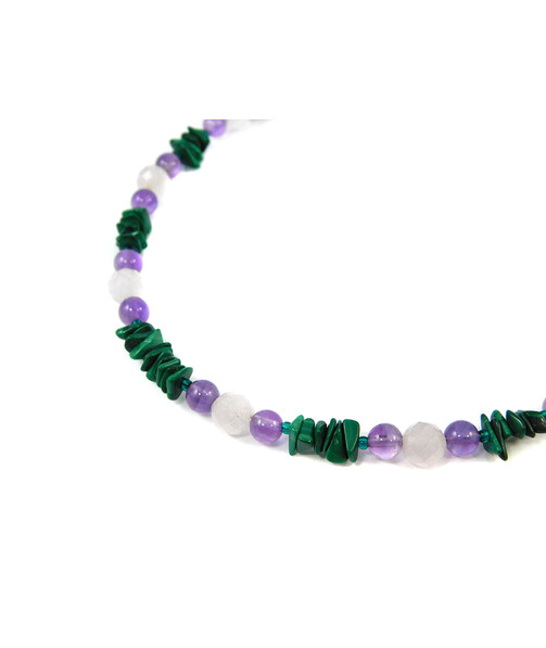 Exclusive necklace "Isis" Amethyst, Rose quartz facet, Malachite crumb