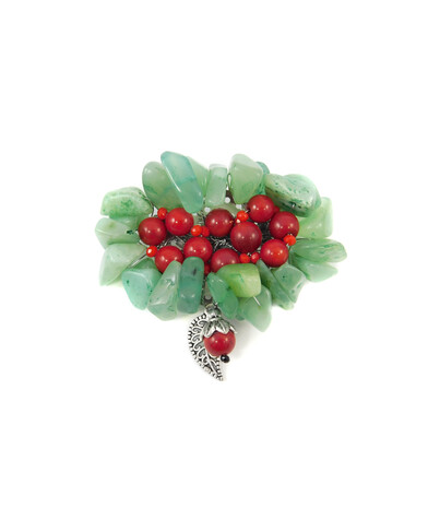 Exclusive brooch "Stone-leaf" Coral, jade crumb