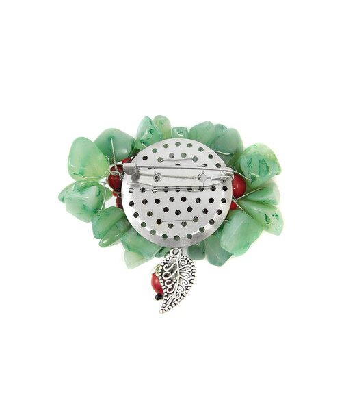 Exclusive brooch "Stone-leaf" Coral, jade crumb