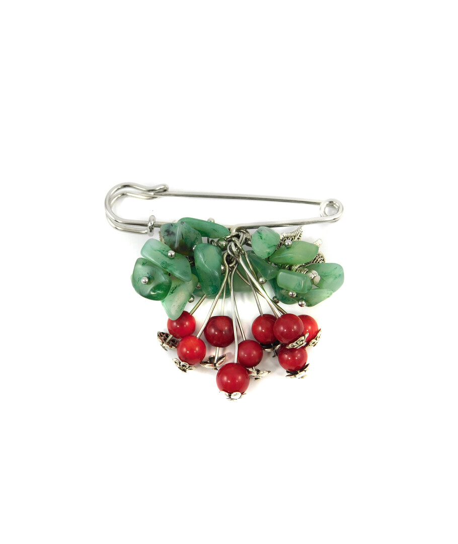 Exclusive brooch "Viburnum cluster" Coral, Nephrite crumb