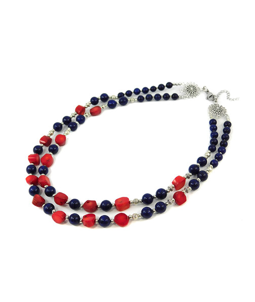 Exclusive necklace "Stormy Ocean" Coral, lapis lazuli, 2-row