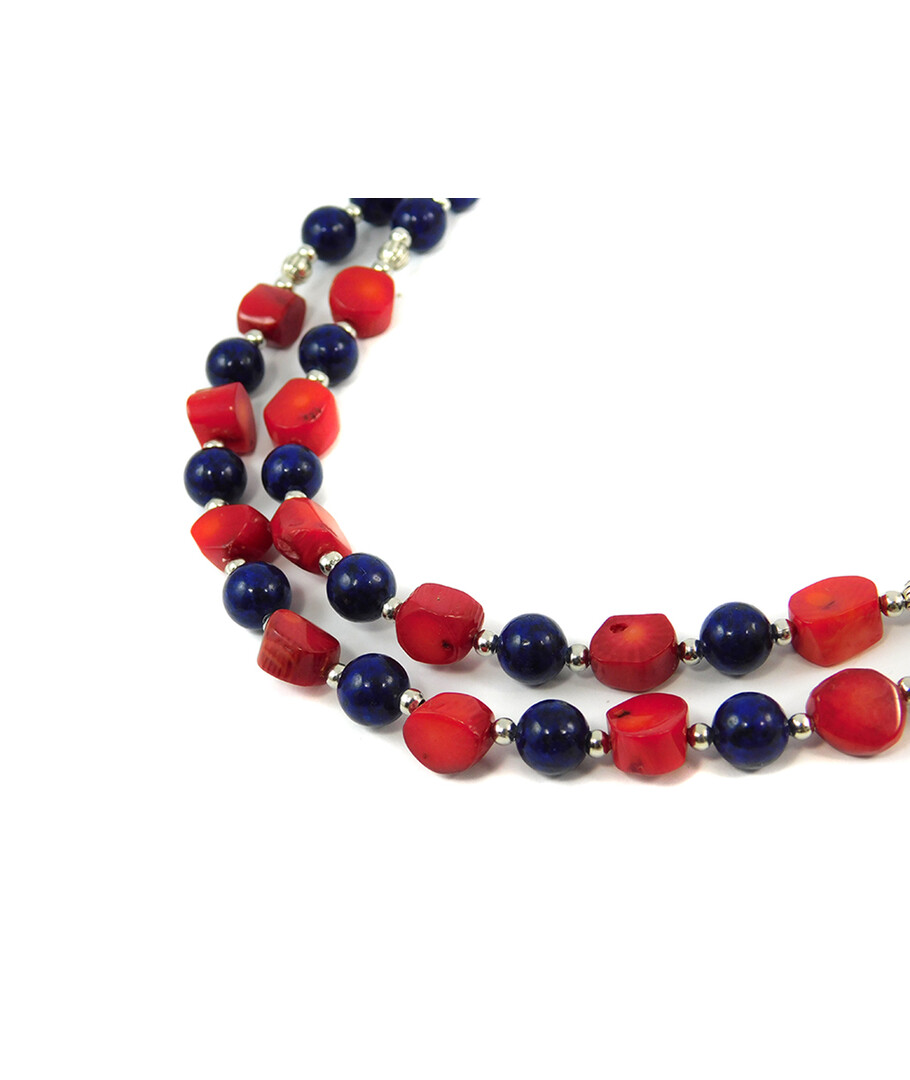 Exclusive necklace "Stormy Ocean" Coral, lapis lazuli, 2-row