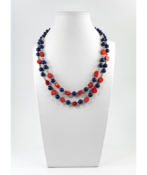 Exclusive necklace "Stormy Ocean" Coral, lapis lazuli, 2-row