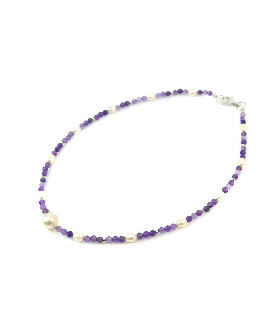 Exclusive necklace "Aria" Amethyst facet, Pearls, rice, silver