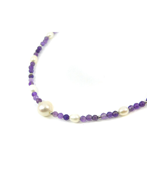 Exclusive necklace "Aria" Amethyst facet, Pearls, rice, silver