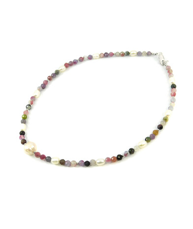 Exclusive necklace "Aria" Tourmaline colored facet, Pearls, rice, silver