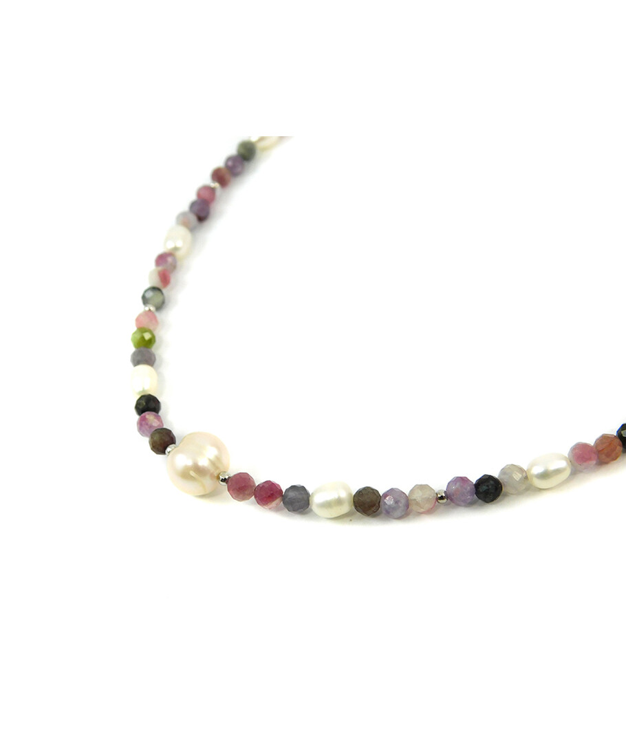 Exclusive necklace "Aria" Tourmaline colored facet, Pearls, rice, silver