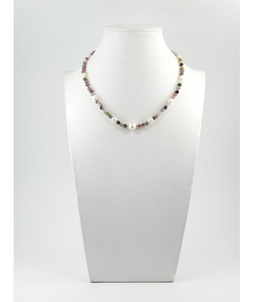 Exclusive necklace "Aria" Tourmaline colored facet, Pearls, rice, silver