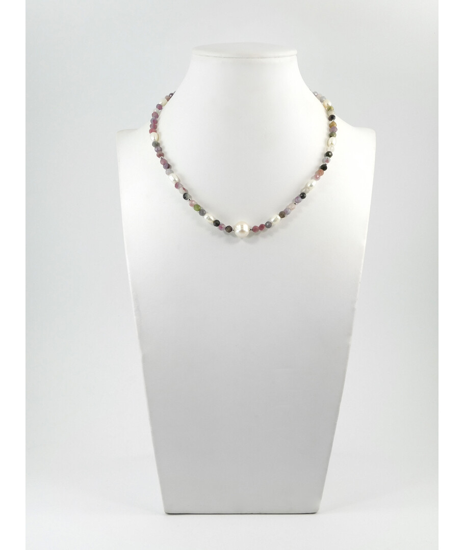 Exclusive necklace "Aria" Tourmaline colored facet, Pearls, rice, silver