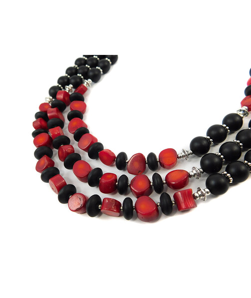 Exclusive necklace "Stozhary" Coral Shungite 3-row