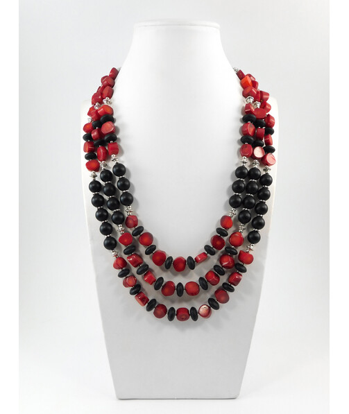 Exclusive necklace "Stozhary" Coral Shungite 3-row