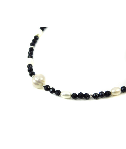 Exclusive necklace "Aria" Aventurine blue face, Pearls, rice, silver