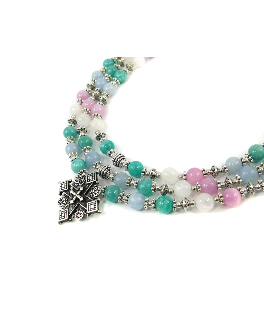 Exclusive necklace "Hutsul motifs" Adular, Aquamarine, Kunzite, Amazonite, 3 rows