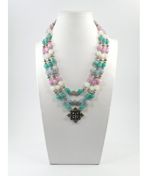 Exclusive necklace "Hutsul motifs" Adular, Aquamarine, Kunzite, Amazonite, 3 rows