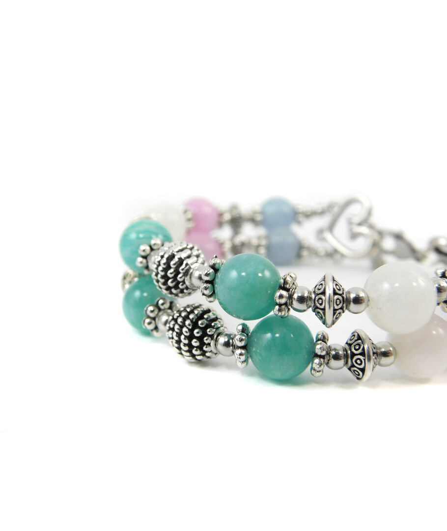 Exclusive bracelet "Hutsul motifs" Adular, Aquamarine, Kunzite, Amazonite, 2 rows