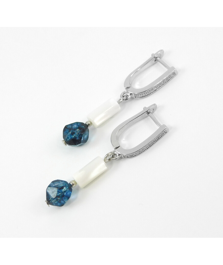 Exclusive earrings "Jasmine" Quartz multifaceted blue, mother-of-pearl tube