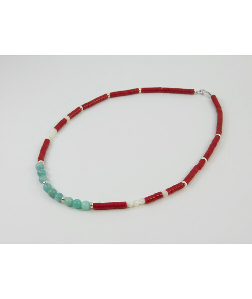 Exclusive necklace "Romania" Amazonite, mother-of-pearl, coral puck, silver