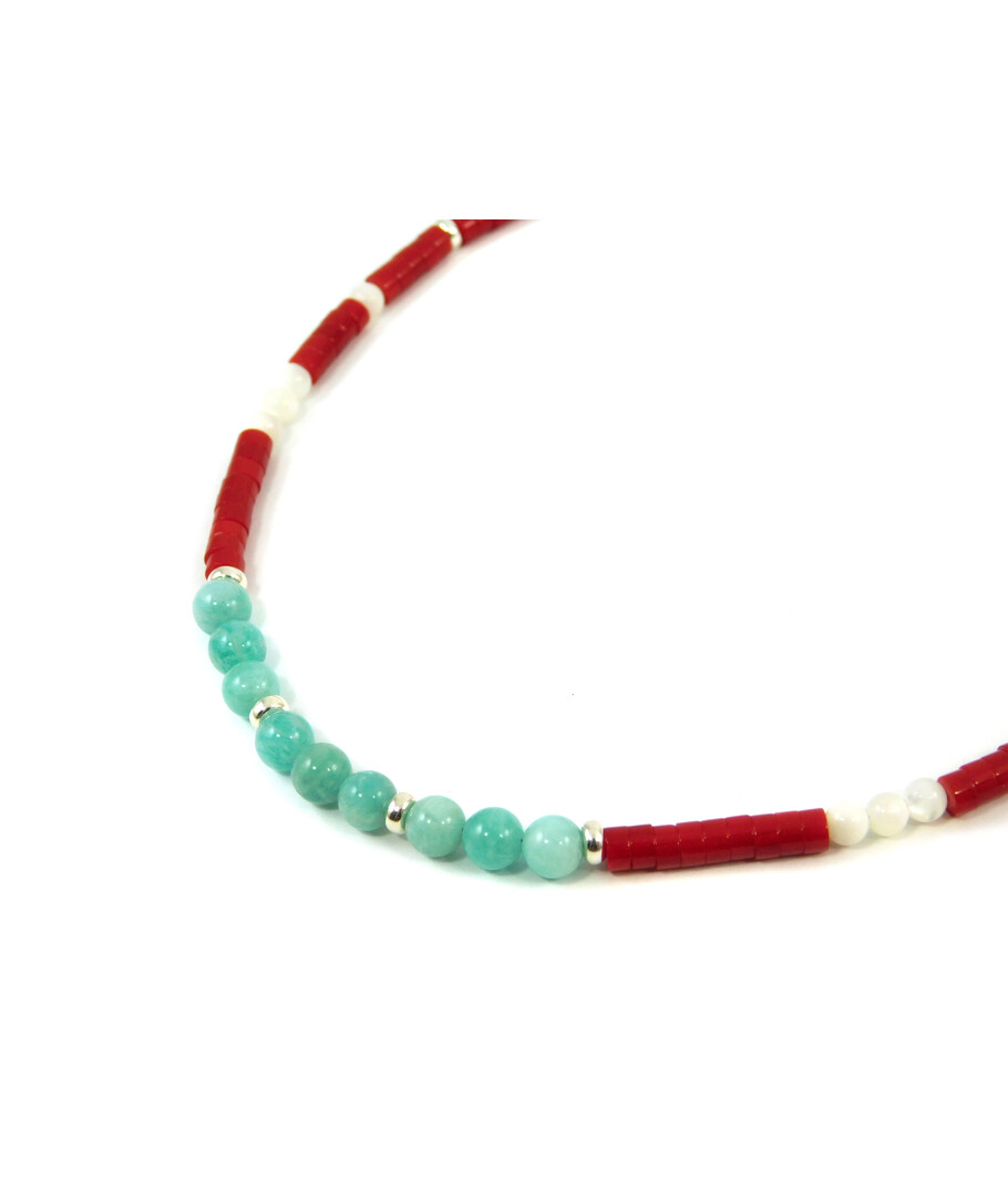 Exclusive necklace "Romania" Amazonite, mother-of-pearl, coral puck, silver