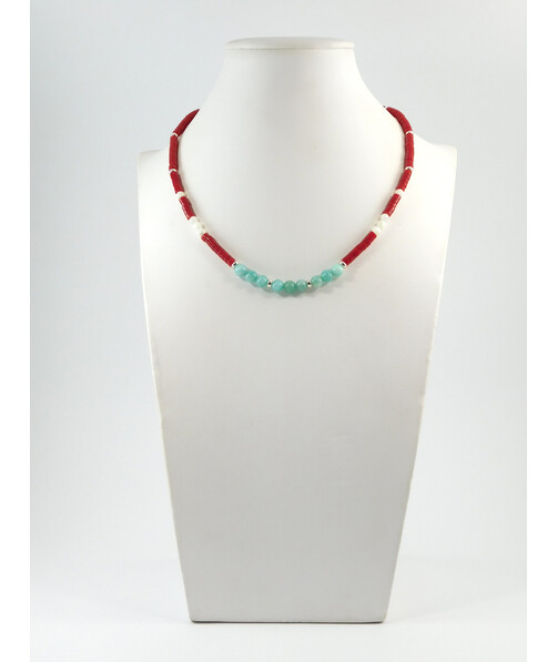 Exclusive necklace "Romania" Amazonite, mother-of-pearl, coral puck, silver