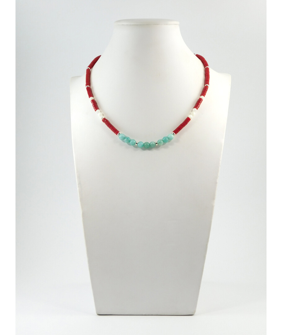 Exclusive necklace "Romania" Amazonite, mother-of-pearl, coral puck, silver