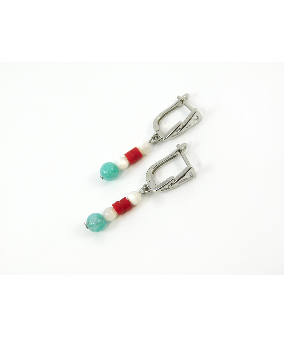 Exclusive earrings "Romania" Amazonite, mother-of-pearl, coral puck