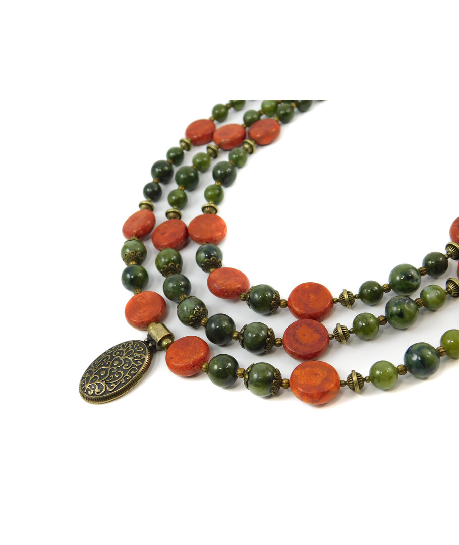 Exclusive necklace "Khatiche 2" Jadeite, coral sponge coin, 3-row