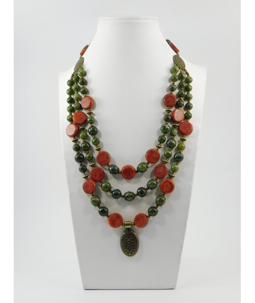 Exclusive necklace "Khatiche 2" Jadeite, coral sponge coin, 3-row