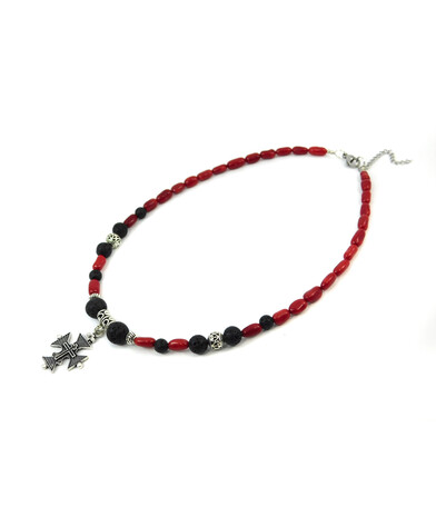 Exclusive necklace "Red and black" Lava, Coral fig