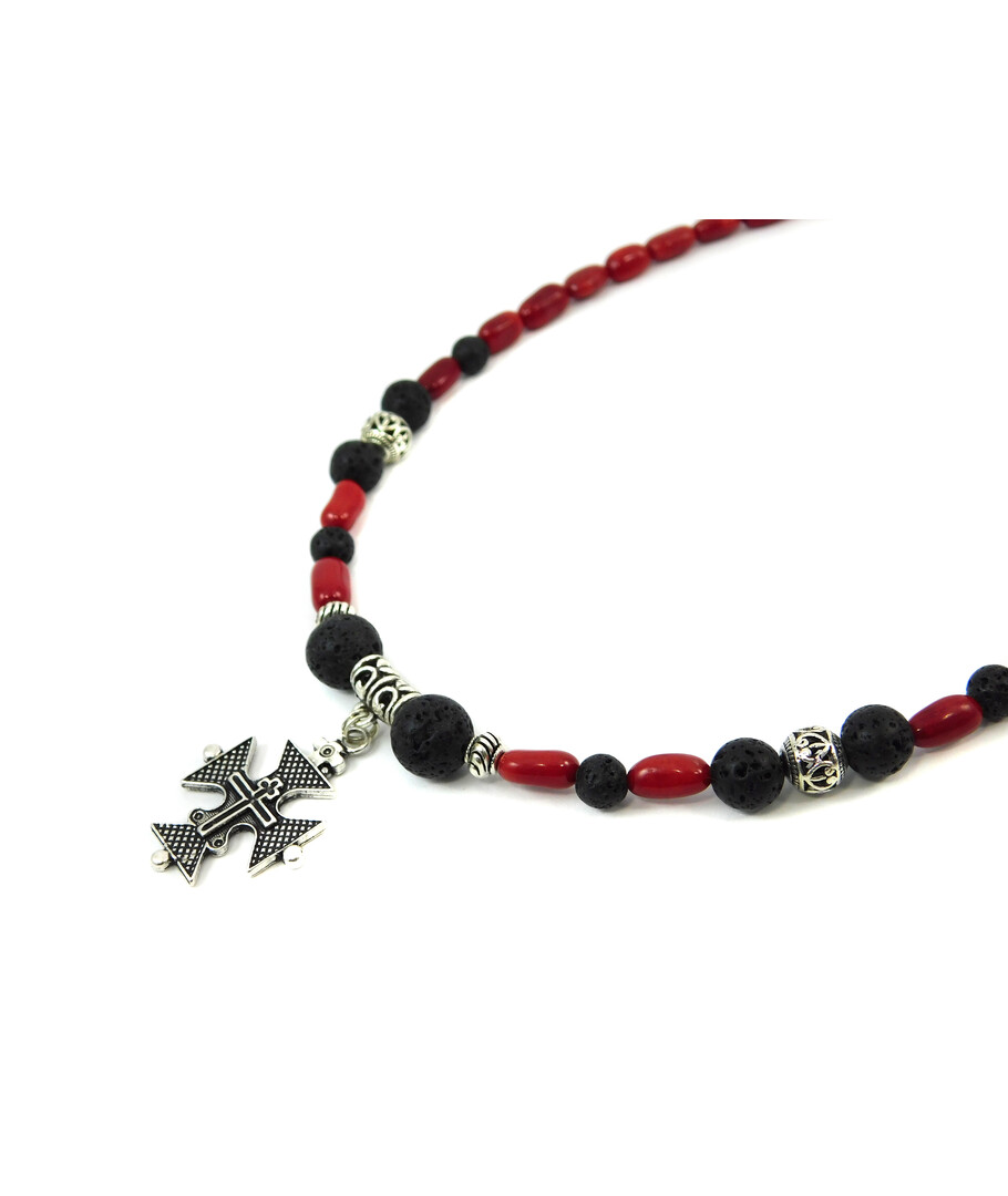 Exclusive necklace "Red and black" Lava, Coral fig