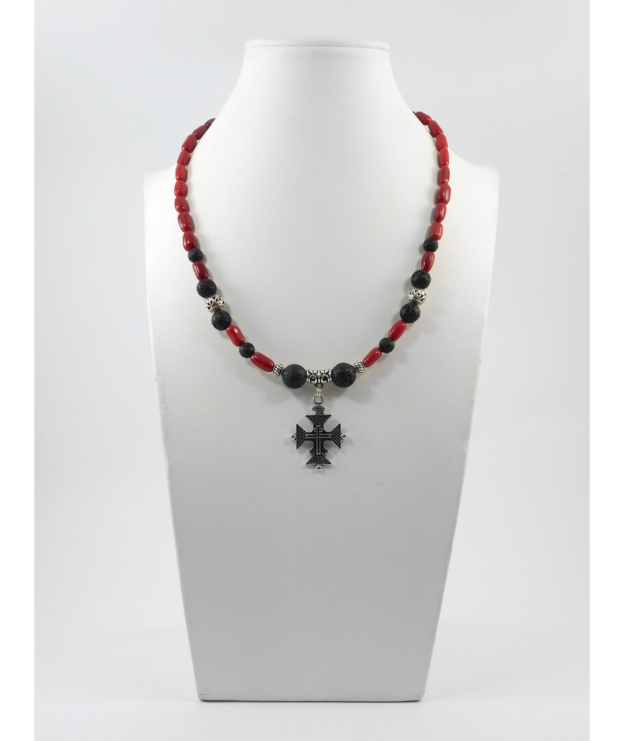 Exclusive necklace "Red and black" Lava, Coral fig