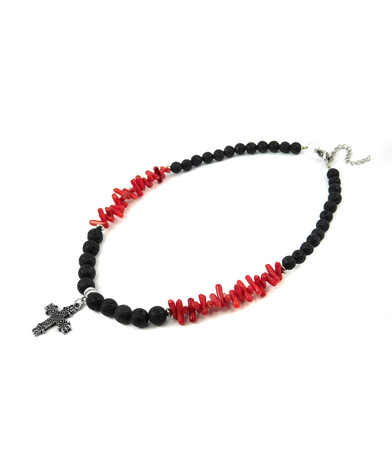 Exclusive necklace "Red and black" Lava, Coral twig