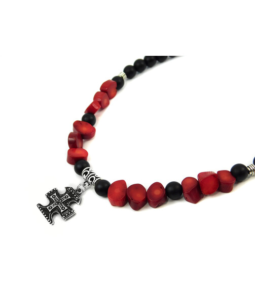 Exclusive necklace "Red and black" shungite, Coral galtovka