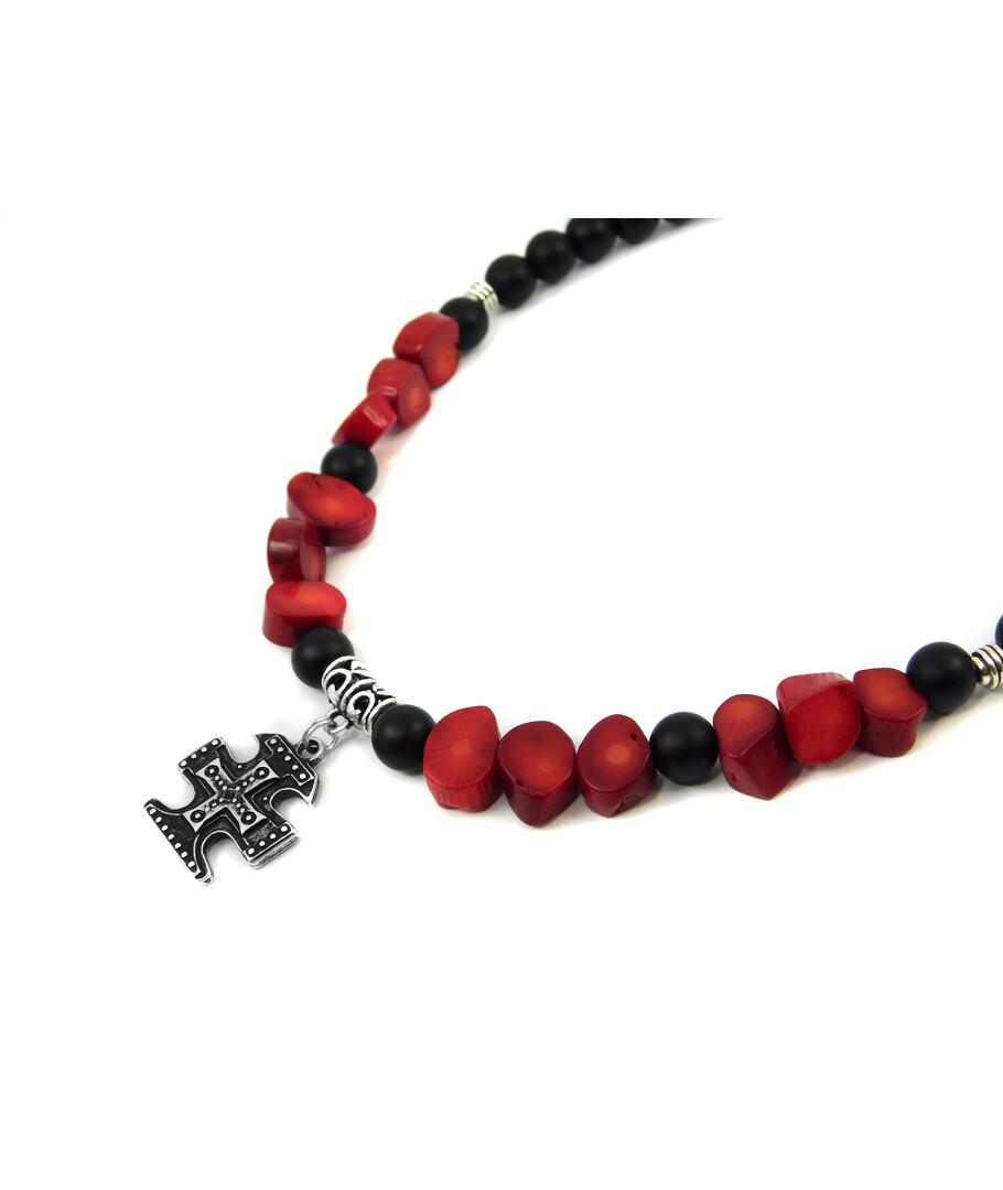 Exclusive necklace "Red and black" shungite, Coral galtovka