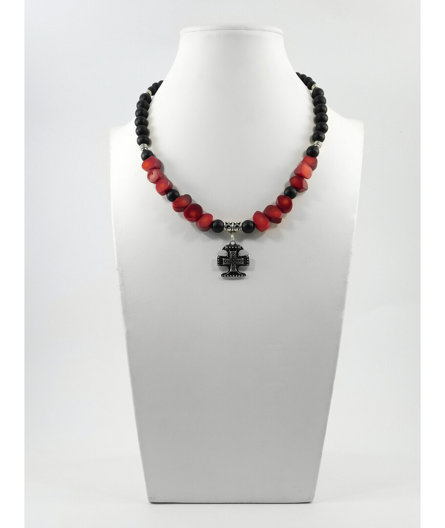 Exclusive necklace "Red and black" shungite, Coral galtovka