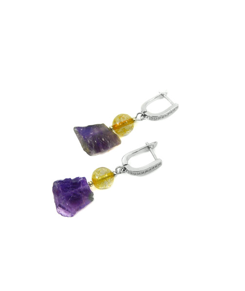 Exclusive earrings "Amethyst mountain" Amethyst galtovka, Rutile quartz