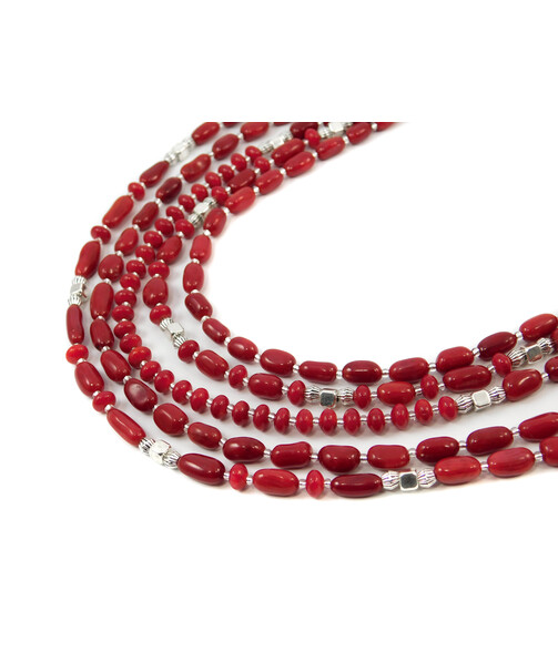 Exclusive necklace "Lisbon" Coral rice, rondel, 5 rows