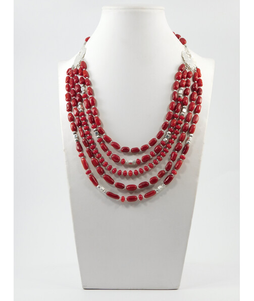 Exclusive necklace "Lisbon" Coral rice, rondel, 5 rows