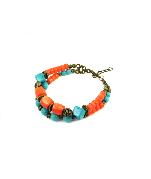 Exclusive bracelet "Princess Anna" Coral puck, Turquoise cube, 2-row