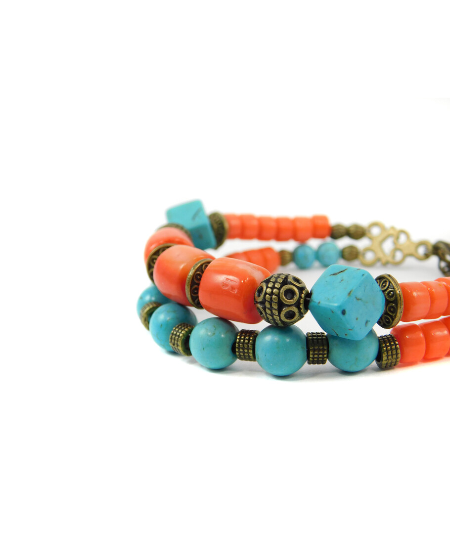 Exclusive bracelet "Princess Anna" Coral puck, Turquoise cube, 2-row