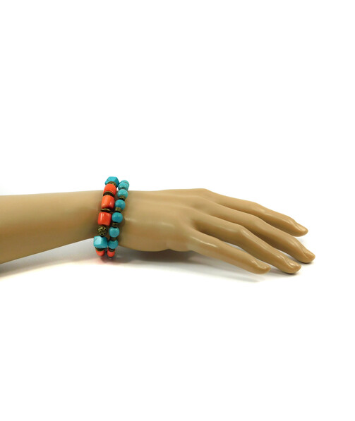 Exclusive bracelet "Princess Anna" Coral puck, Turquoise cube, 2-row