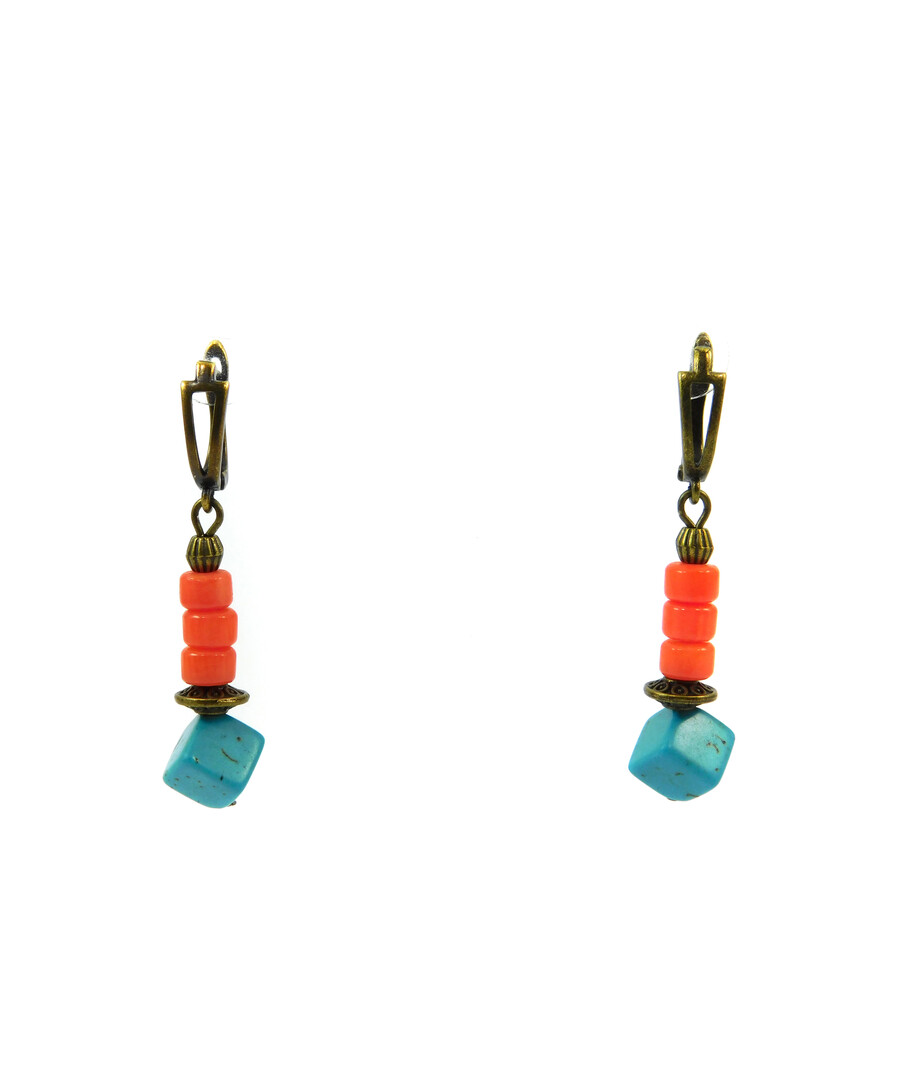 Exclusive earrings "Princess Anna" Coral puck, Turquoise cube