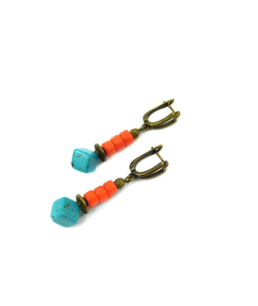 Exclusive earrings "Princess Anna" Coral puck, Turquoise cube