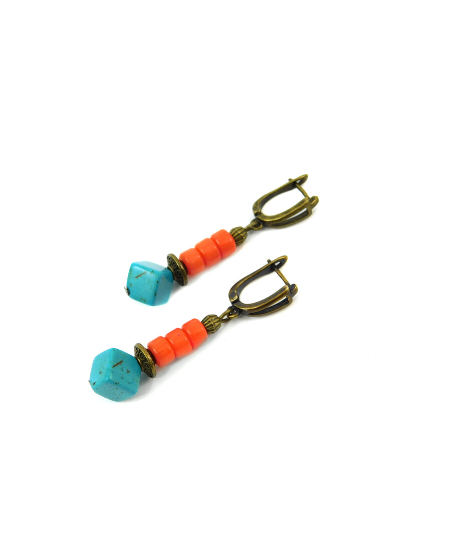 Exclusive earrings "Princess Anna" Coral puck, Turquoise cube