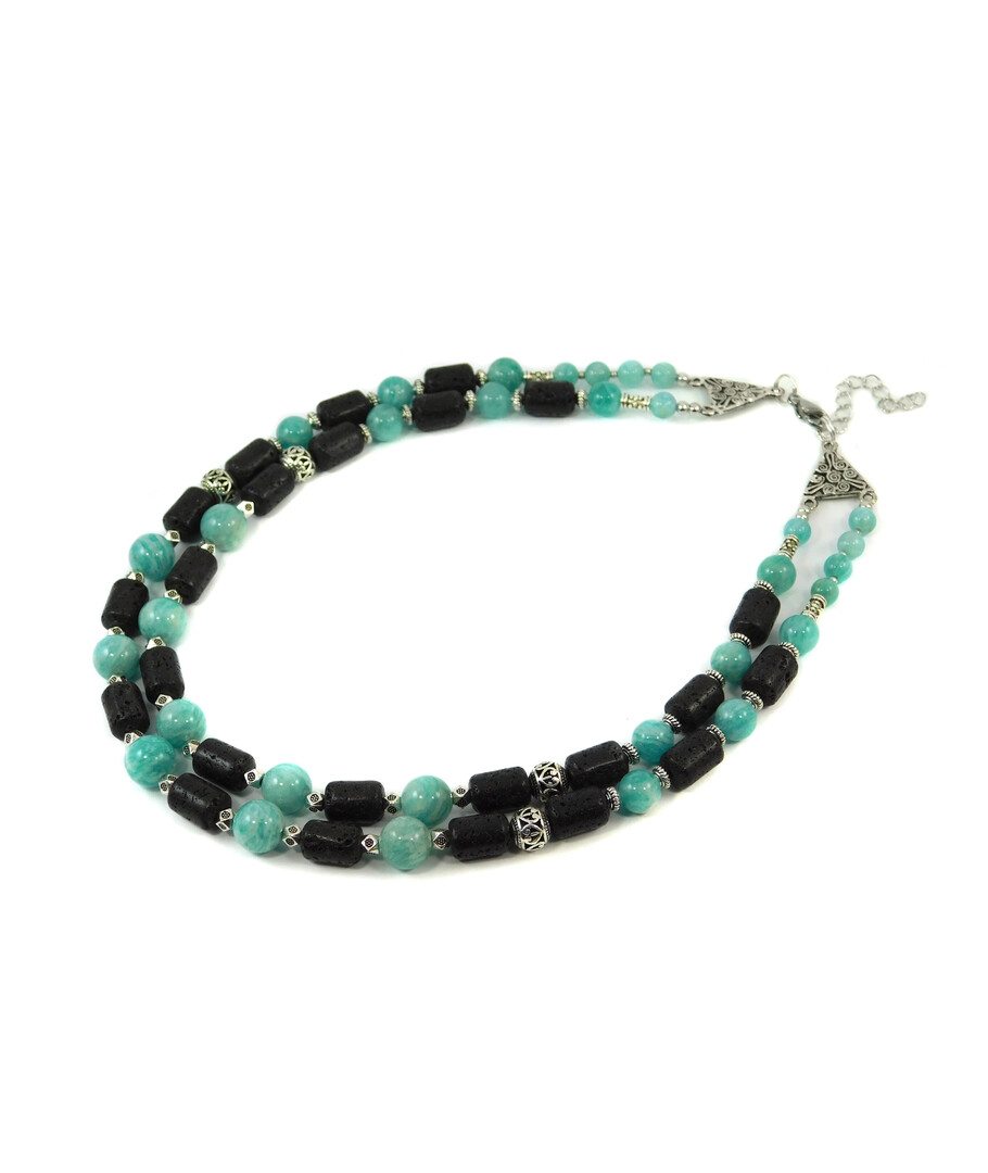 Exclusive necklace "Seaside" Lava barrel, Amazonite, 2-row